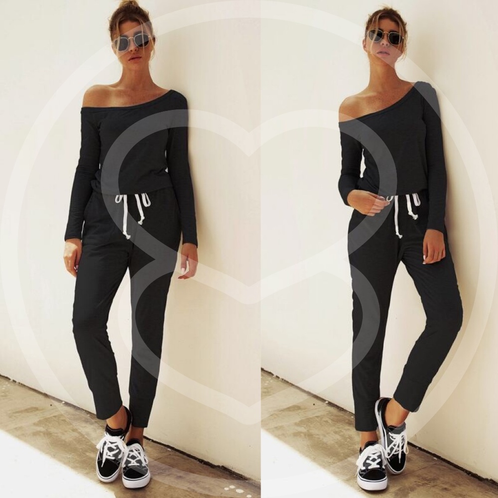 Off Shoulder drawstring black Comfy Jumpsuit grey - Picture 3 of 7